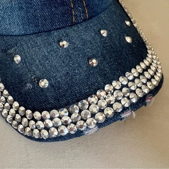 NWT Mykonos Rhinestone Embellished Blue Denim Baseball Hat Cap Adjustable Back - Picture 8 of 11